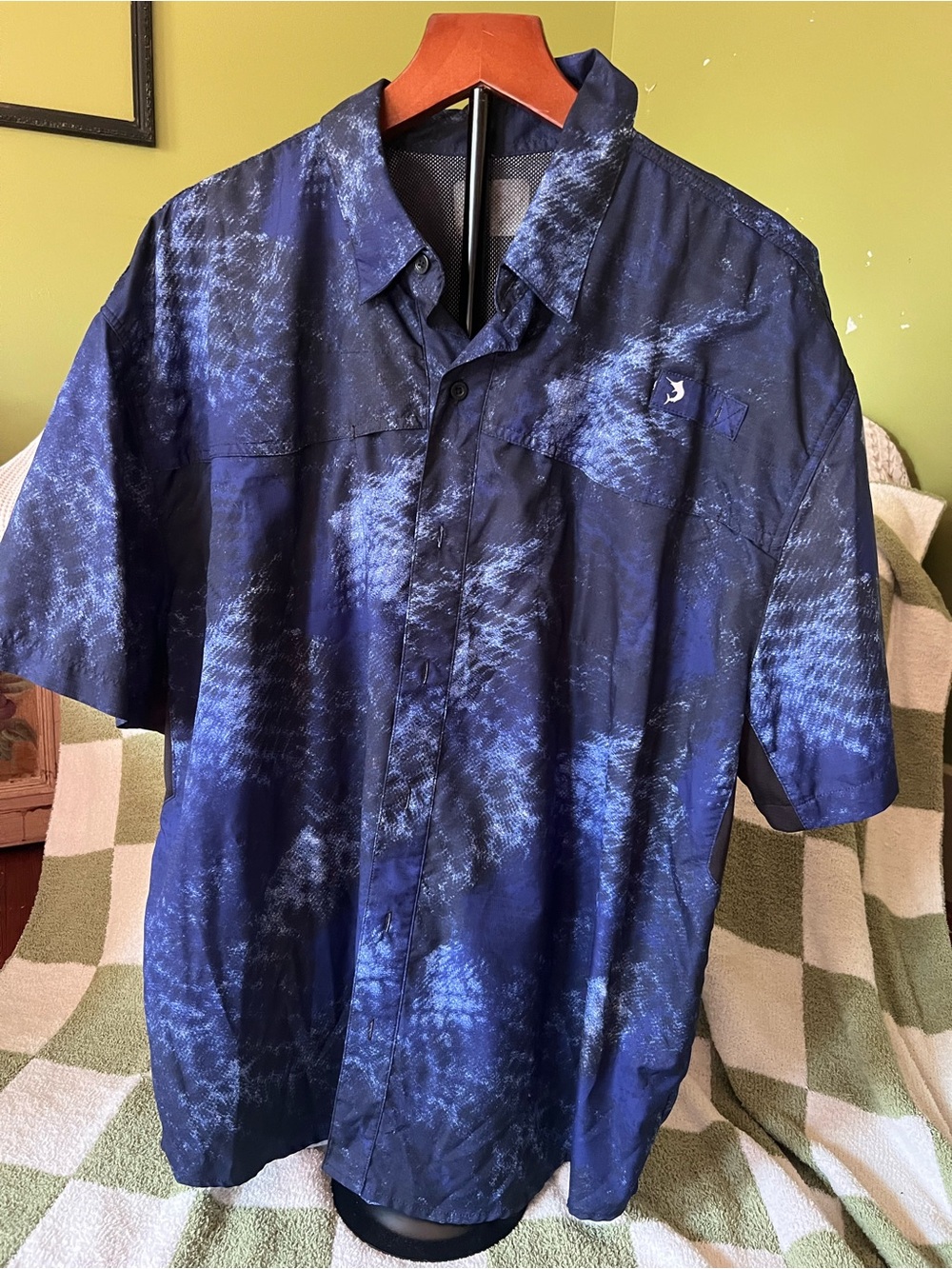 Reel Legends Men's 50” chest Navy Tie-Dye acid wash Short-Sleeve Button-Down
